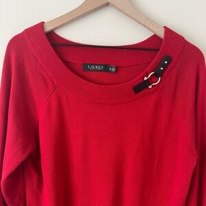 RALPH LAUREN Red Lightweight Cotton Knit Sweater Faux Leather Buckle Women’s XL